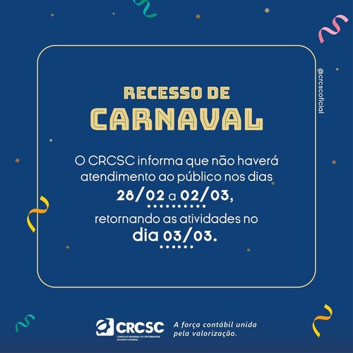 CRCSC fará recesso de carnaval 