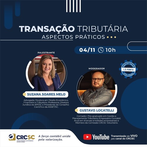 Transação tributária: aspectos práticos será tema de palestra promovida pelo CRCSC