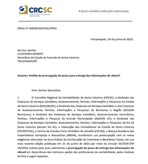 CRCSC e entidades representativas da classe contábil formalizam pedido de prorrogação de prazo para o cBenef