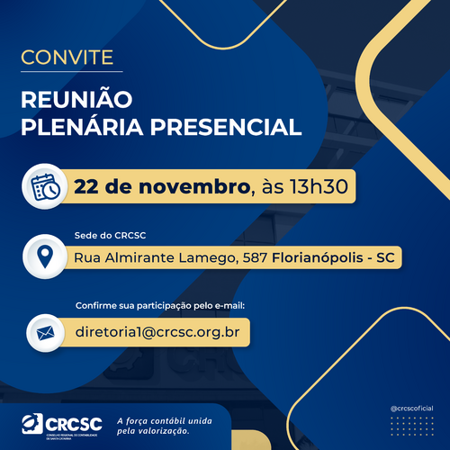Reunião Plenária do CRCSC será presencial, no dia 22 de novembro